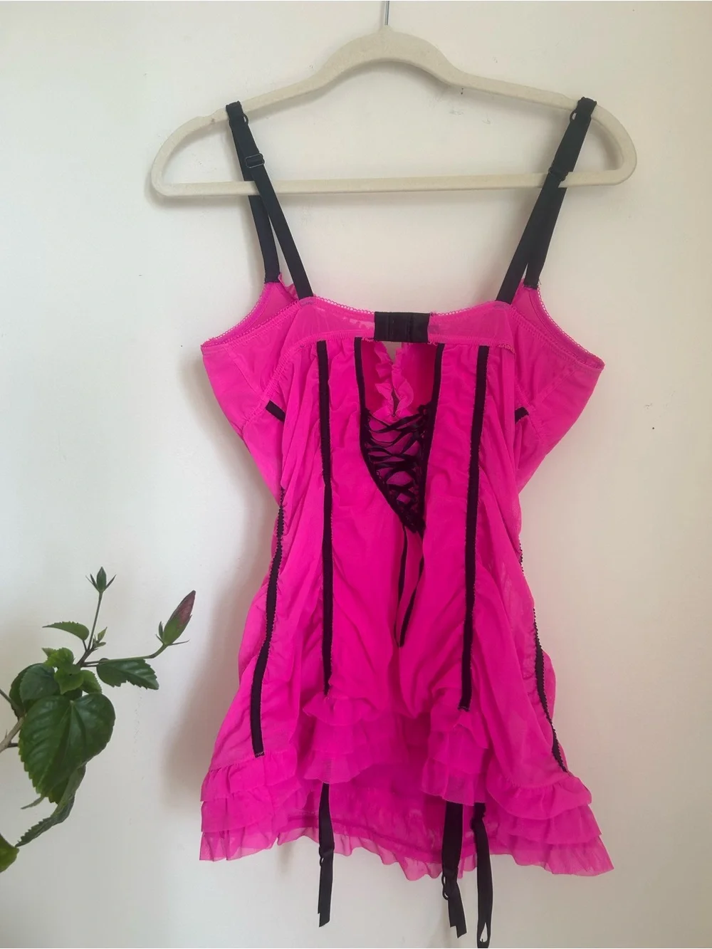 Hot Pink Lace-Trim Bustier Chemise with Black Accents - Picture 3 of 4